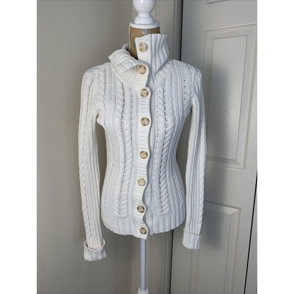 Style & Co. Women Chunky Knit Fisherman Rory Gilmore Cream Cardigan Sweater S - Picture 2 of 12